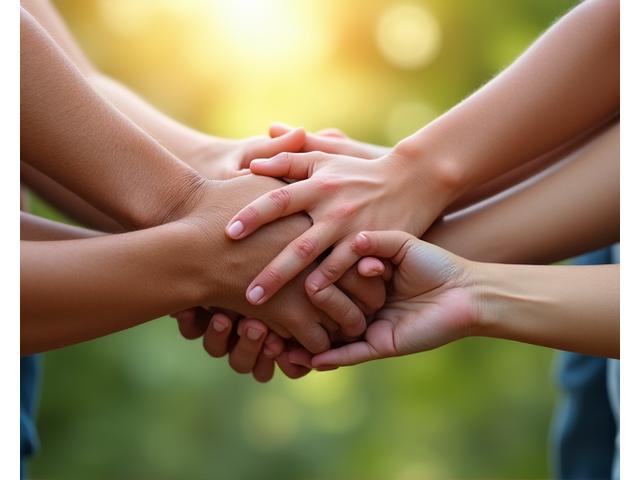 Five diverse hands, each from a different background, gently interlocking at the wrist, symbolizing unity, collaboration, and collective effort towards a shared goal within a healthy, cooperative environment.