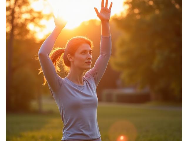 Adult in comfortable activewear performing light yoga outdoors at sunrise, symbolizing adaptable fitness plans