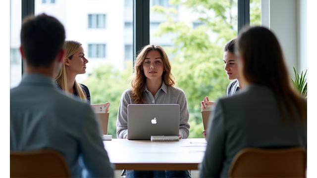 Professionals in an office setting participating in a mindfulness workshop
