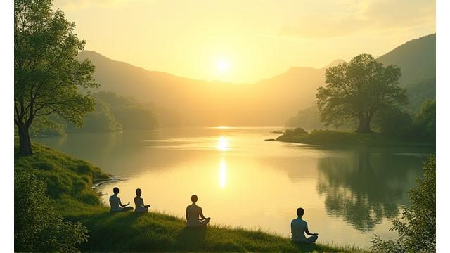Serene setting for a mindfulness retreat, perhaps by a lake or nature preserve