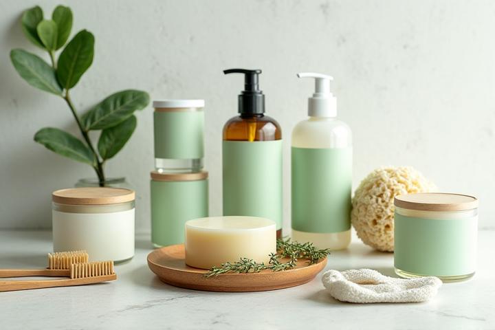 Various sustainable beauty products like bamboo brushes, solid shampoo bars, and glass bottles arranged aesthetically on a natural wood surface.